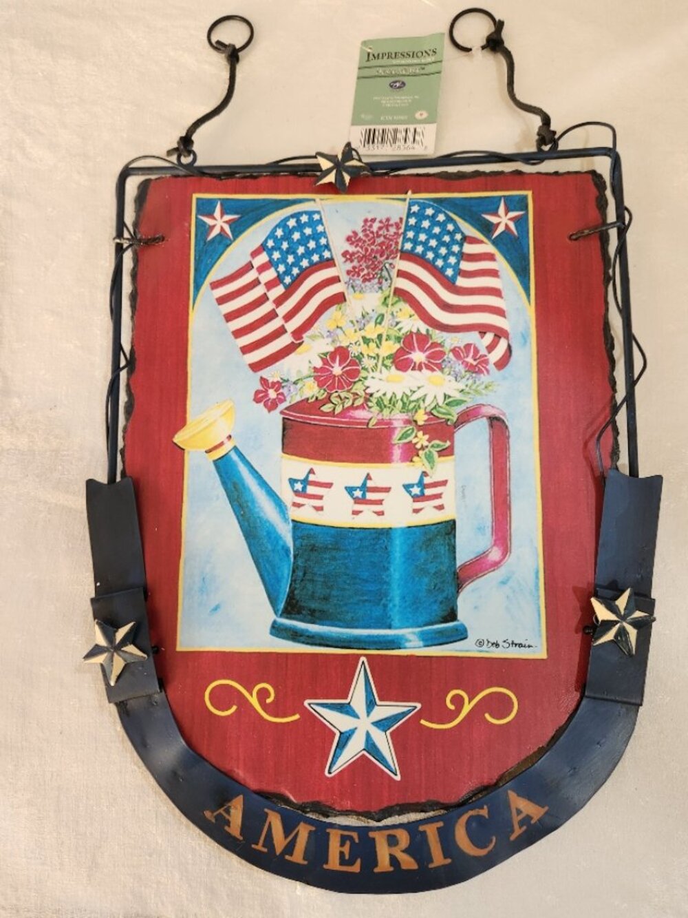 Impressions Lawn/Garden  "Patriotic Watering Can" Hand painted Slate Hanging
